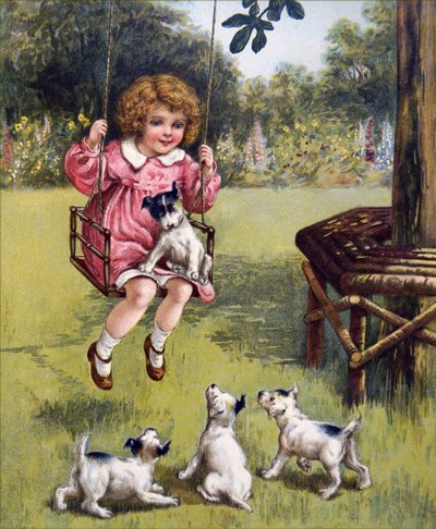 A Young Girl with Her Puppies by Unknown